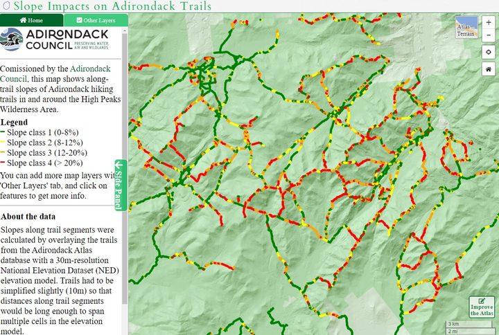 Interactive map of slope impacts on Adirondack trails
